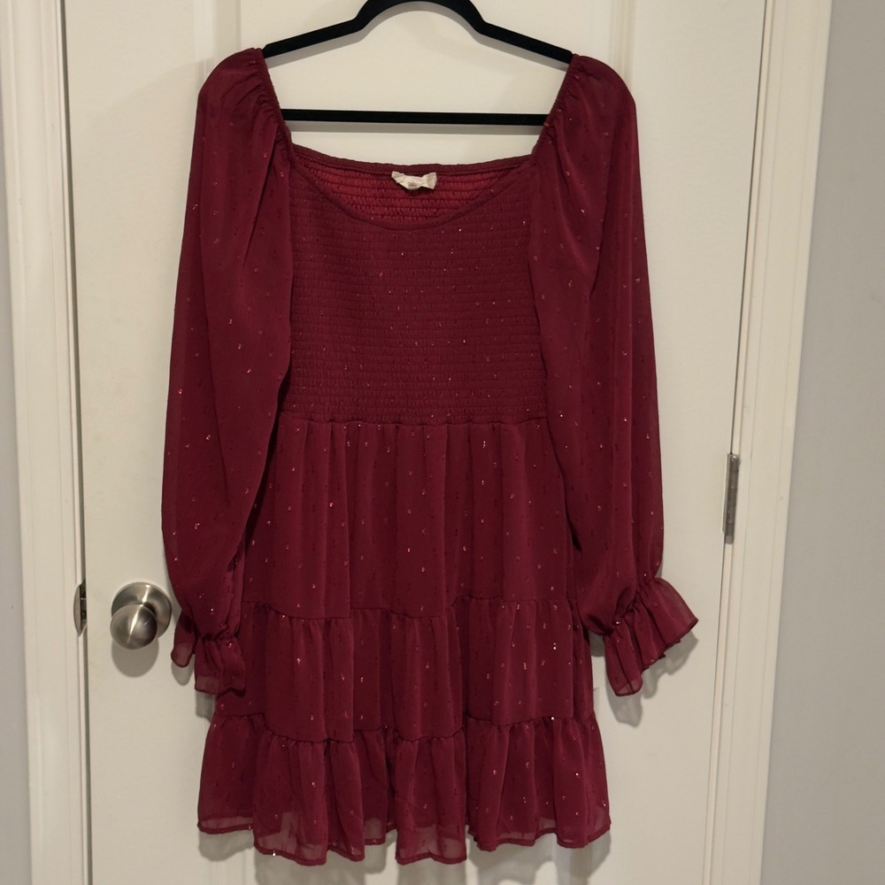 Altered State Burgundy Smocked Square Neck Tiered Ruffle Dress Glitter Size M